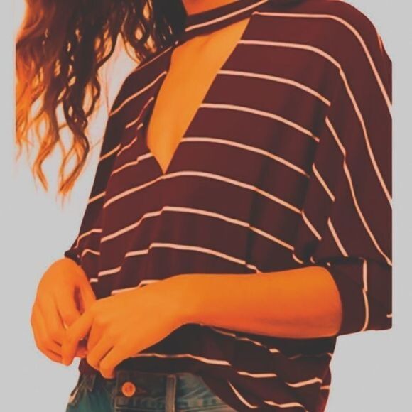 FOREVER 21 Choker‎ Neckline Brown Striped V Pullover Top S - Picture 1 of 8